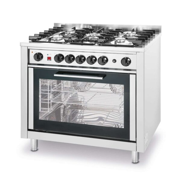 Gāzes plīts ar 5-iem sildriņķiem Kitchen Line ar elektrisko konvekcijas cepeškrāsni un grilu, Kitchen Line, tērauda, Sudraba, 230V/2900W, 14,3kW, 900x655x900mm, 225707, Hendi