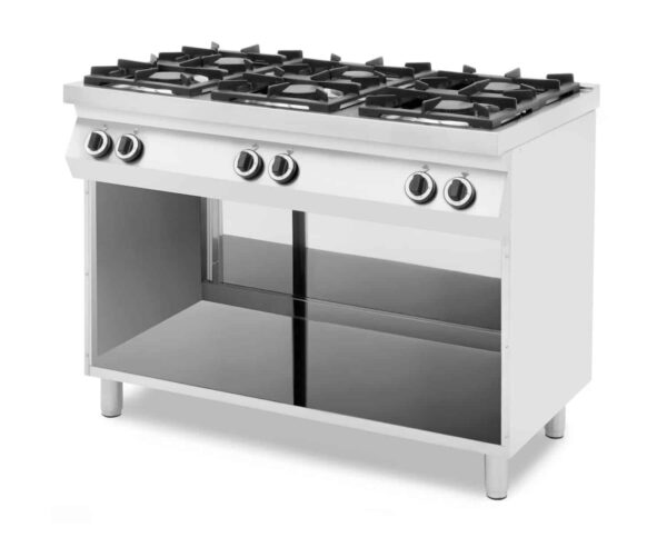 Gāzes plīts ar 6 degļiem, gāzes/elektriskā krāsns, ar pamata statīvu, slēgtu no 3 pusēm, 230V/28500W, 1200x700x900mm, 227909, Hendi