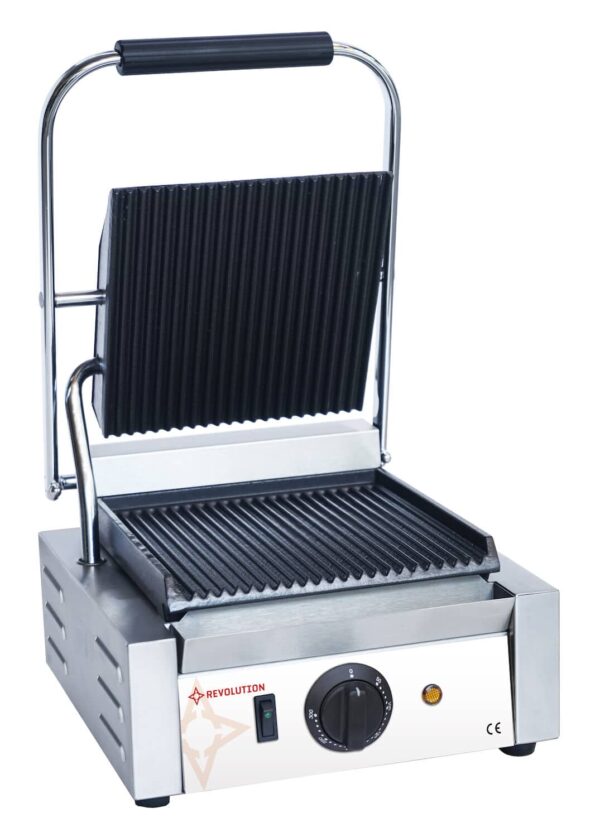 Vienvietīgs kontaktgrils – rievota grilēšanas virsma, 230V/1800W, 290x305x210mm, 263518, Revolution
